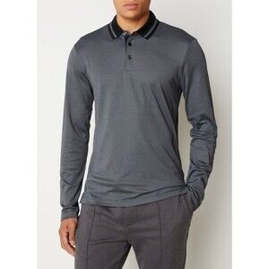 HUGO BOSS Polo Shirt Mens Small Gray Long Sleeve Contrast Collar PLEINS $148